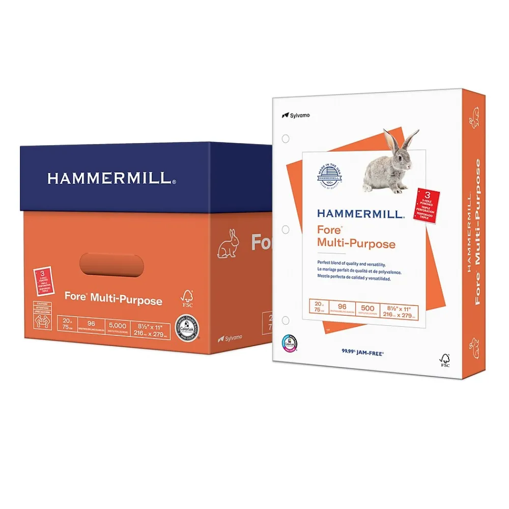 Multipurpose Paper*Hammermill Fore 8.5" x 11", 3-Hole Punched Multipurpose Paper, 20 lbs., 96 Brightness, 500 Sheets/Ream (103275)
