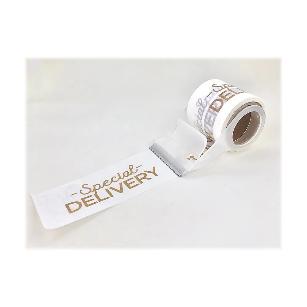 Hot Happy Mail Packing Tape with Dispenser, 1.8" x 16.4 yds., White (246451)