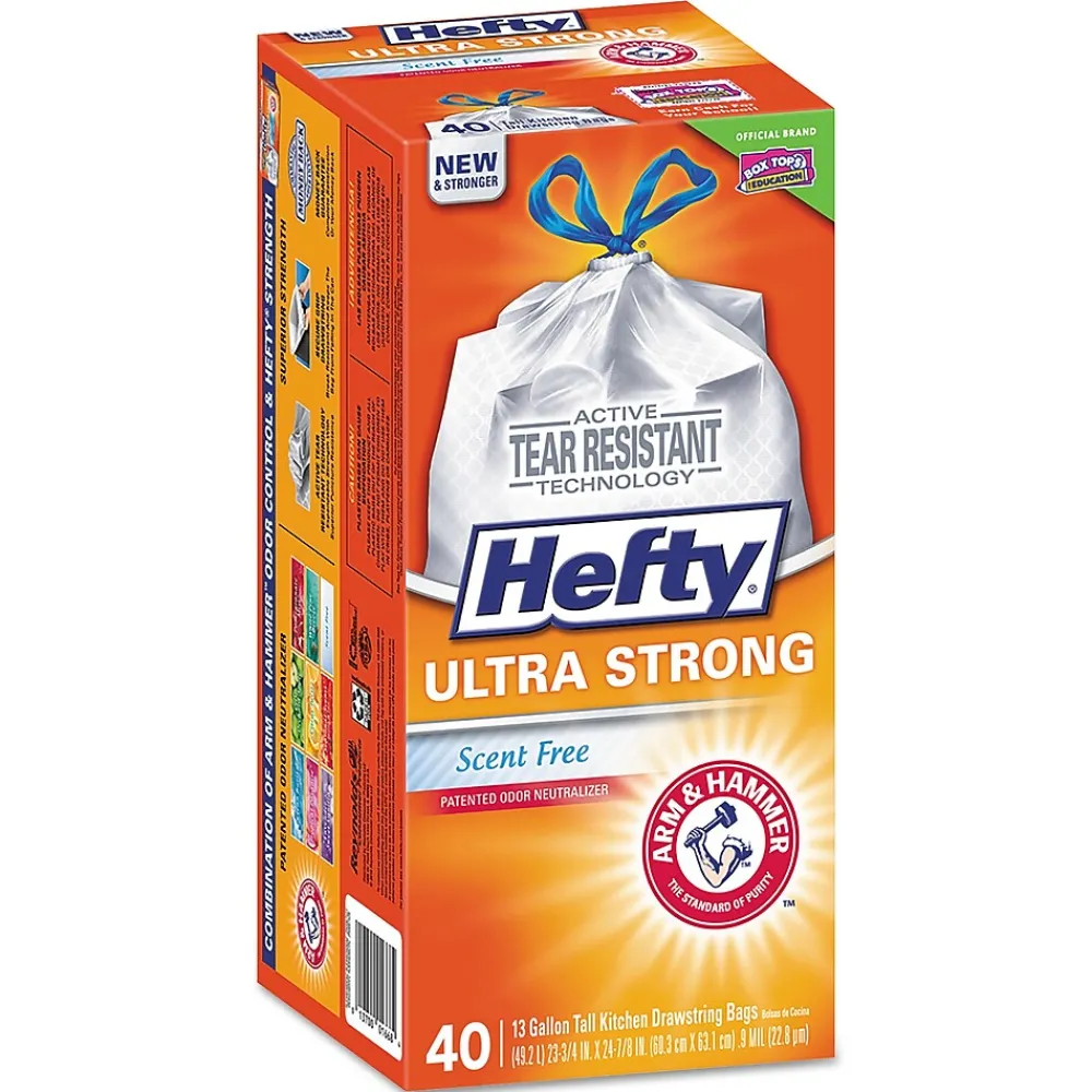 Ultra Strong 13 Gallon Kitchen Trash Bag, 23.75" x 24.88", Low Density, 0.9 mil, White, 40 Bags/Box (RFPE84638)<Hefty
