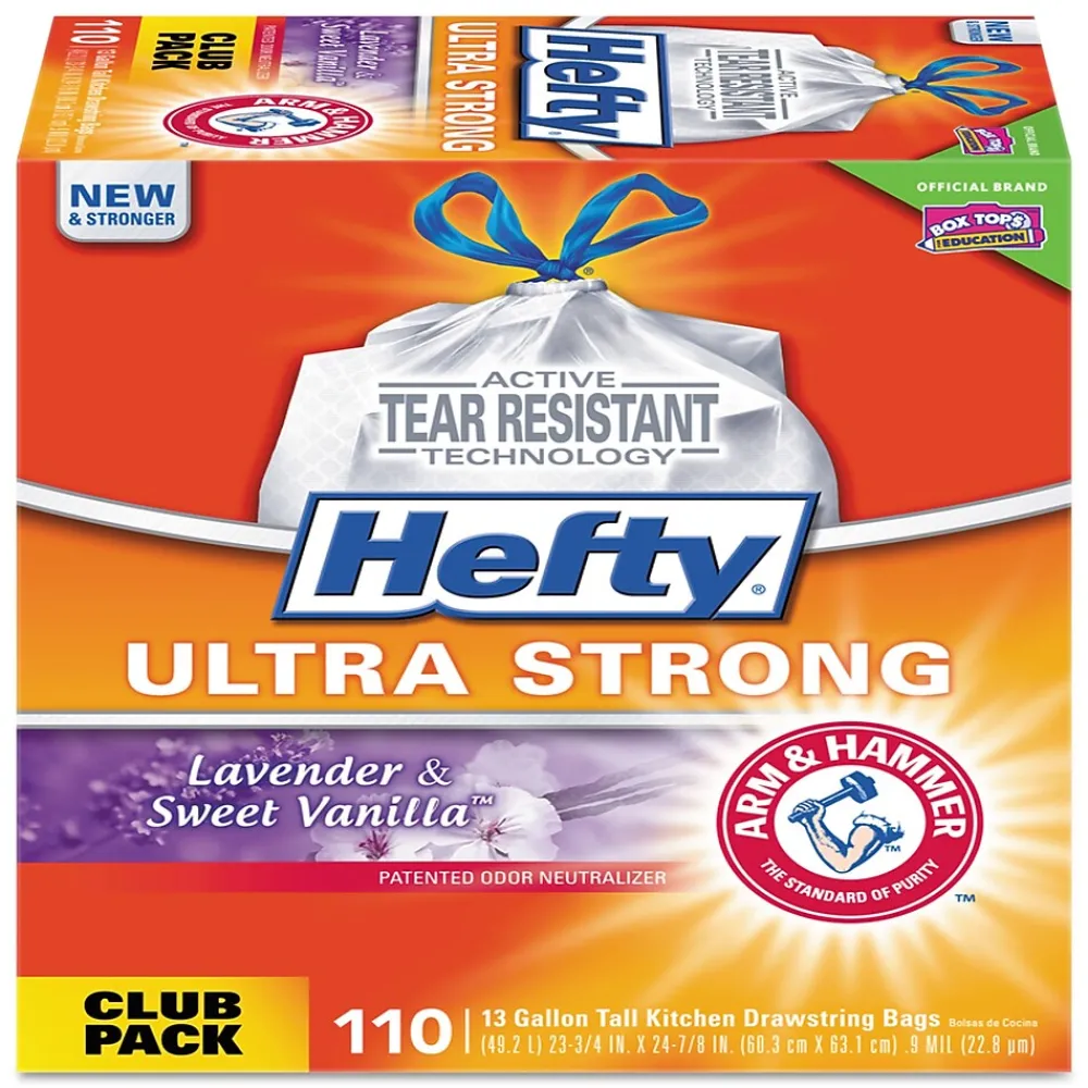 Ultra Strong 13 Gallon Kitchen Trash Bag, 23.75" x 24.88", Low Density, Lavender & Sweet Vanilla, 110 Bags/Box<Hefty Discount