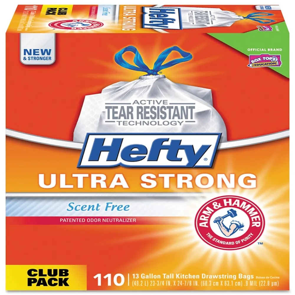 Ultra Strong 13 Gallon Kitchen Trash Bag, 23.75" x 24.88", Low Density, 0.9 mil, White, 110 Bags/Box (PCTE88368CT)<Hefty