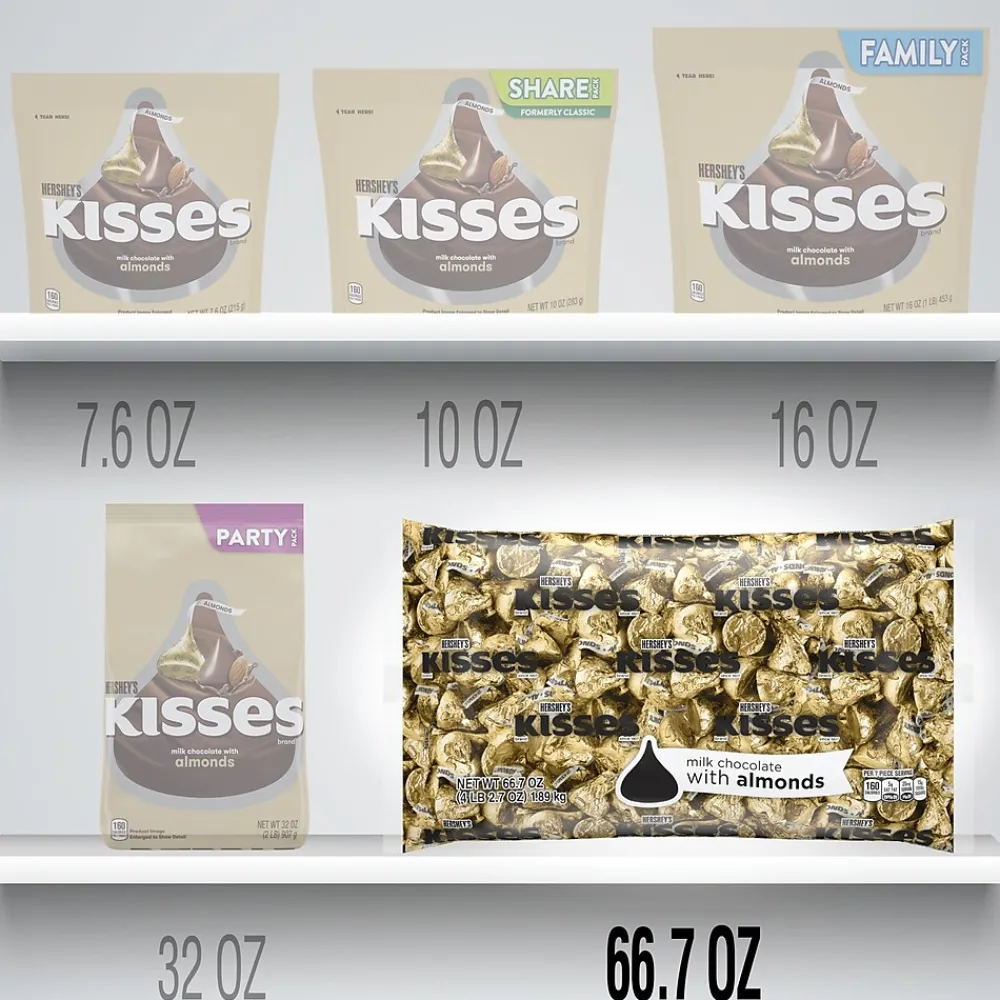 KISSES HERSHEY'S Gold Foil Milk Chocolate with Almonds Pieces, 66.7 oz., 400/Bag (HEC62083)