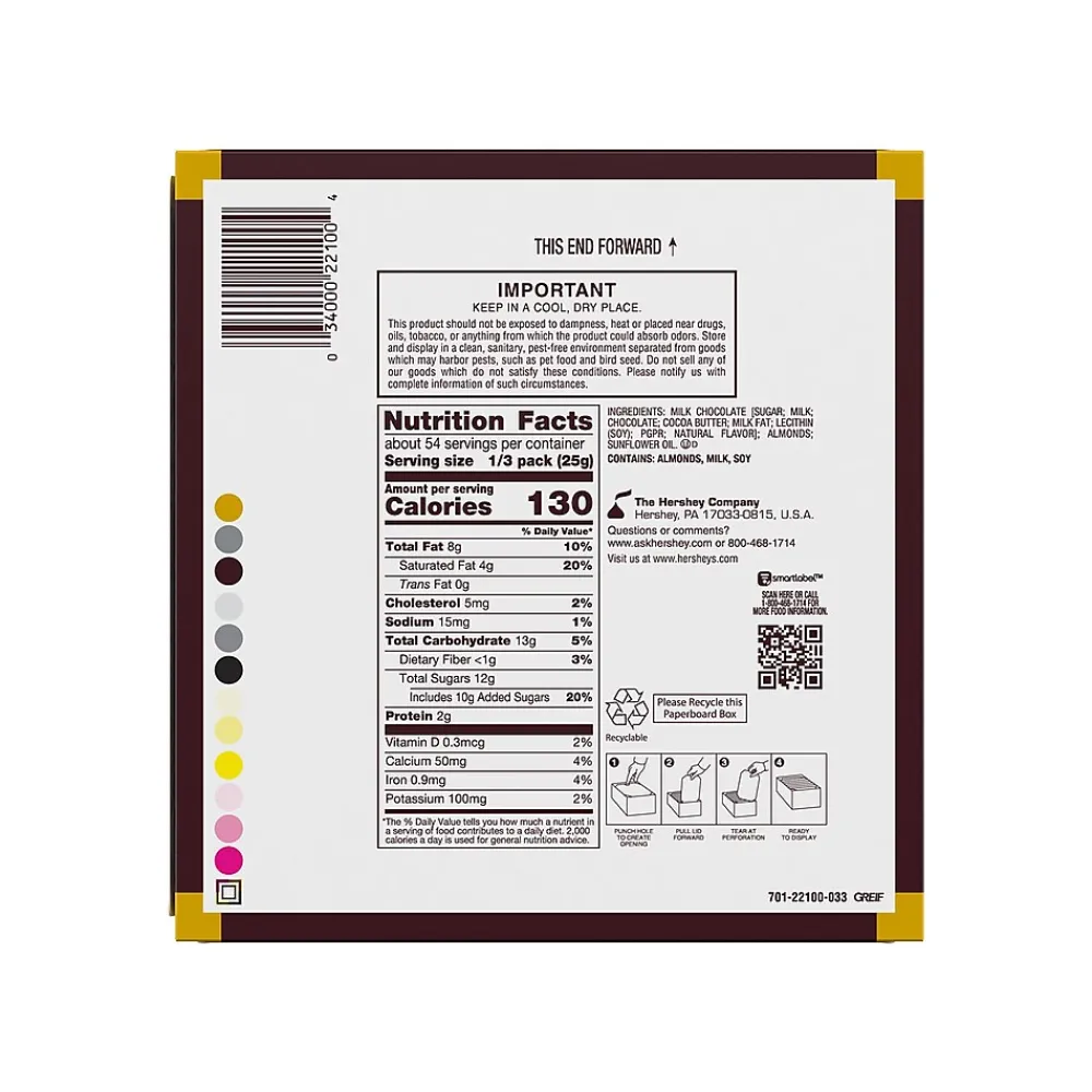 Hershey's Milk Chocolate with Whole Almonds Candy Bars, 2.6 oz., 18/Box (HEC22100)