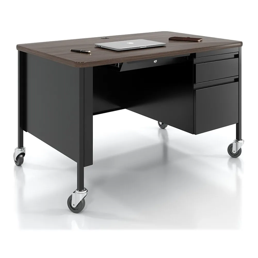 Computer Desks*Hirsh 48"W Single-Pedestal Mobile Teacher's Desk, Black/Walnut (22646)