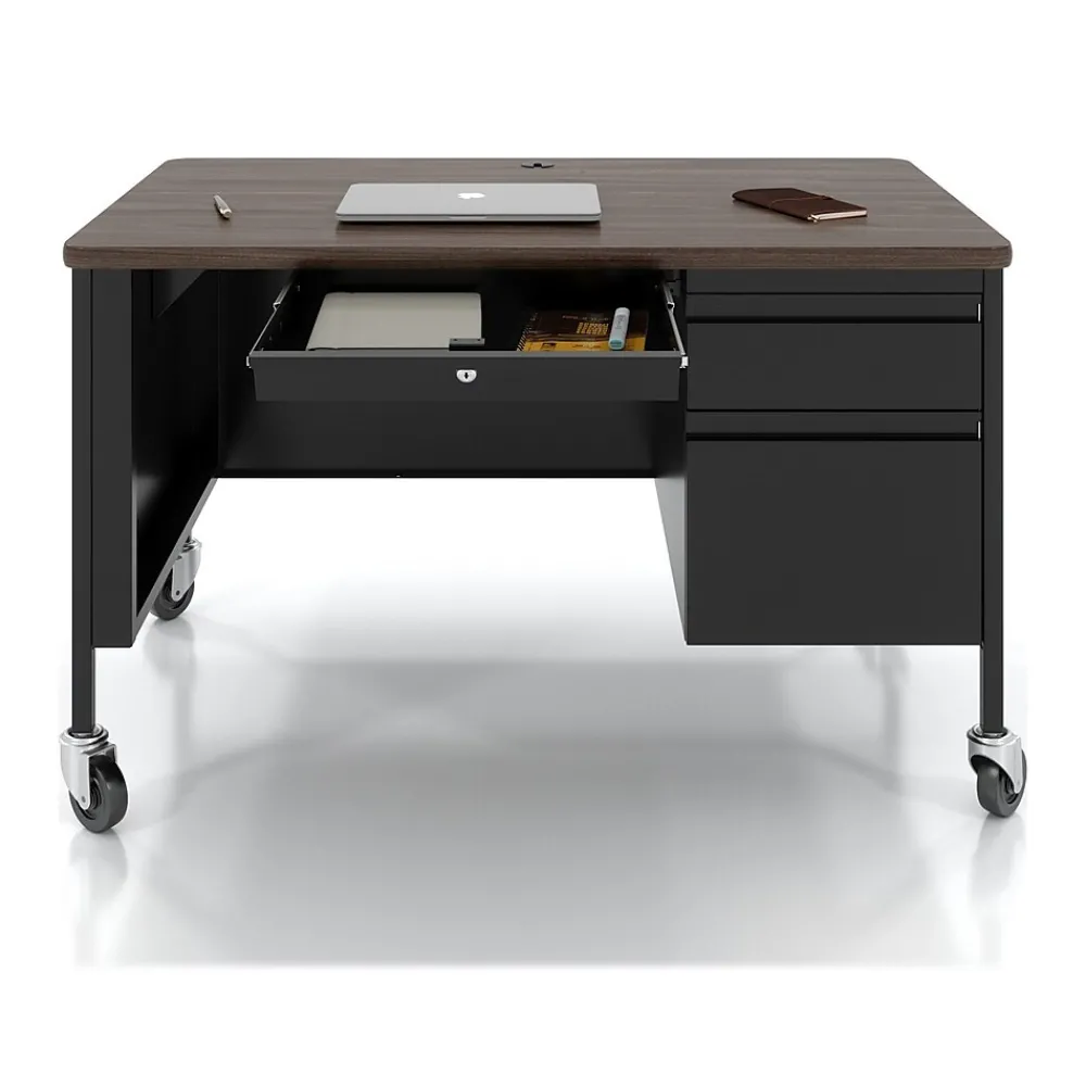 Computer Desks*Hirsh 48"W Single-Pedestal Mobile Teacher's Desk, Black/Walnut (22646)