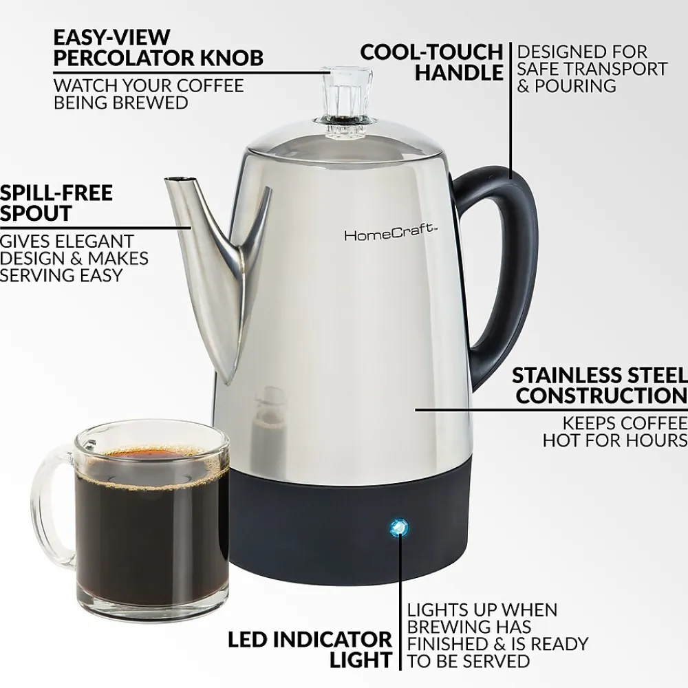 HomeCraft HCPC10SS 10-Cups Stainless Steel Coffee Percolator, Silver/Black
