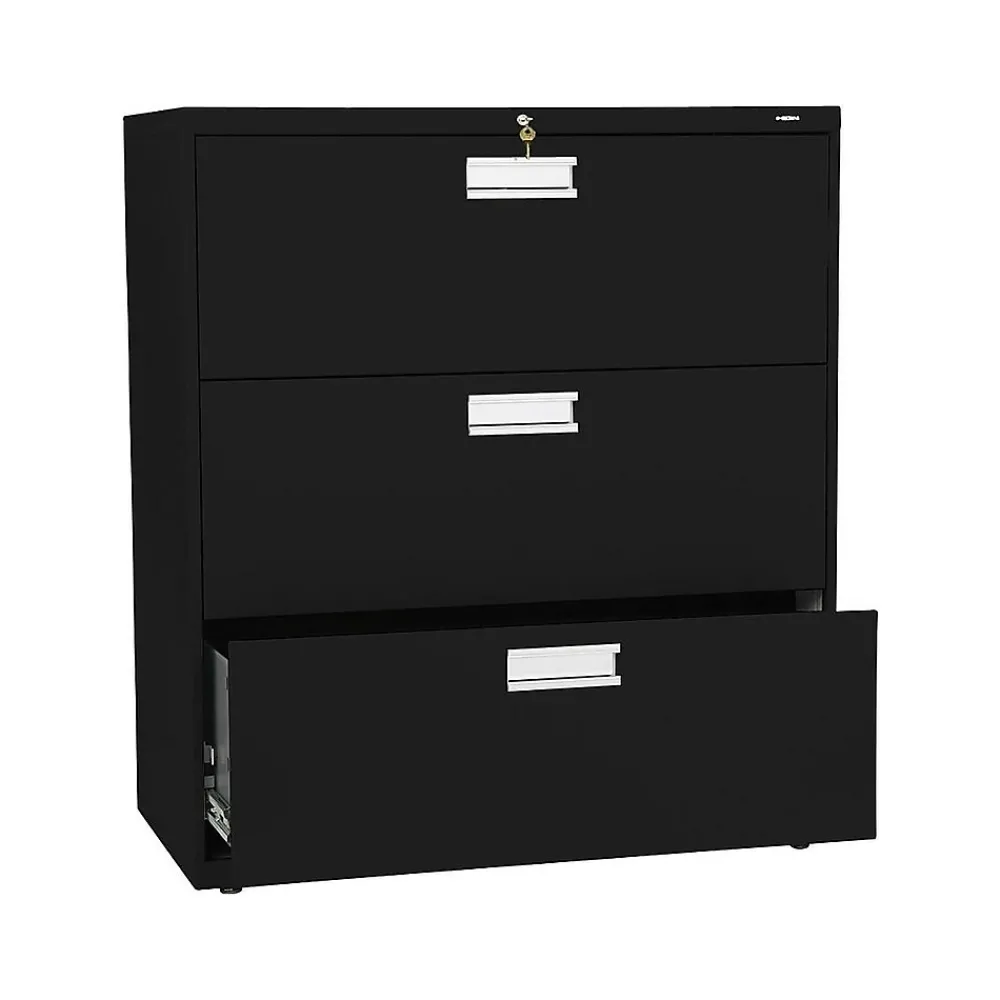 File Cabinets*HON Brigade 600 Series 3-Drawer Lateral File Cabinet, Locking, Letter/Legal, Black, 36"W (PHS-88)