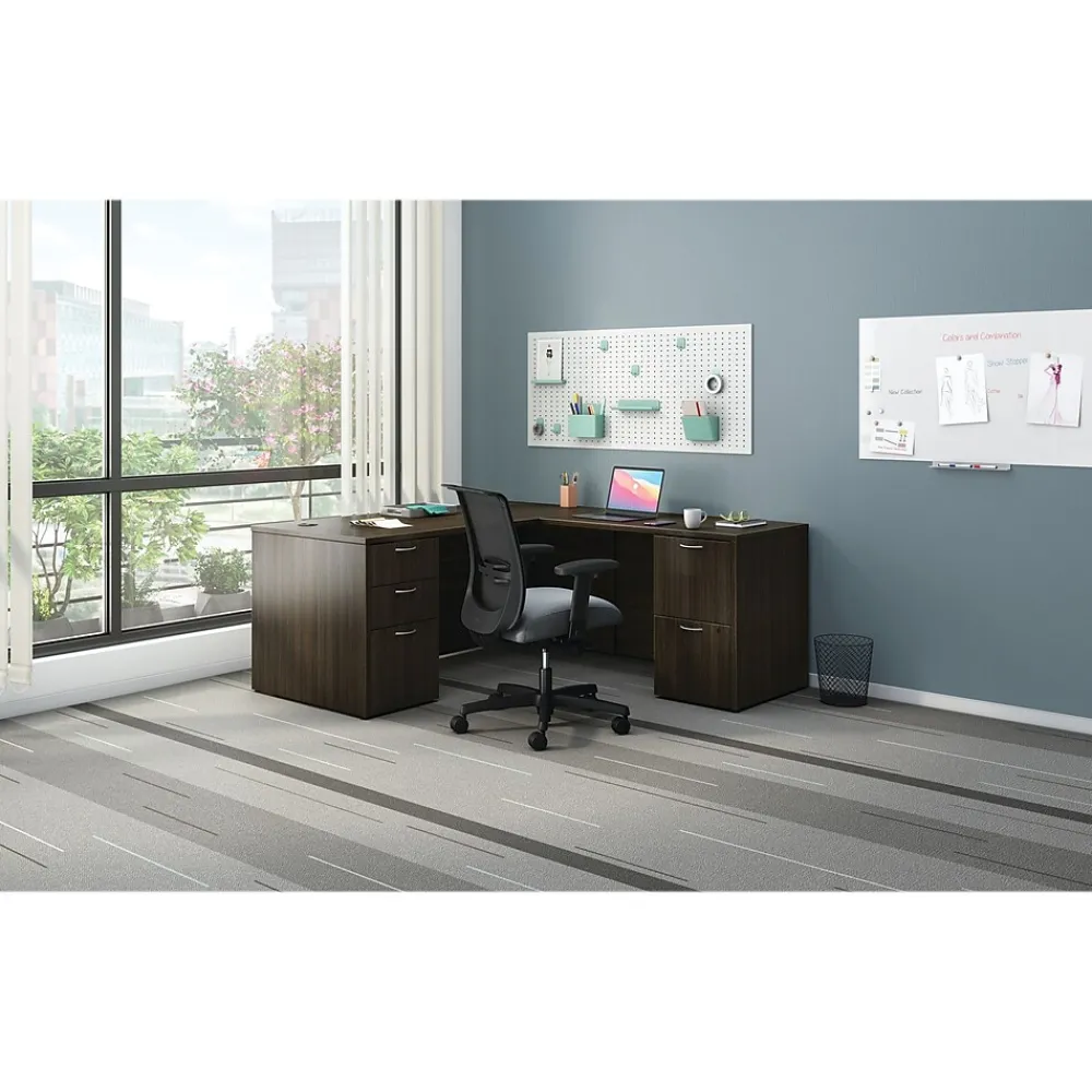 Computer Desks*HON Mod 66"W L-Shaped Double-Pedestal Desk, (HLPL6672LDESKJA1) Java Oak