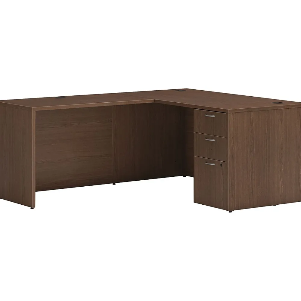 Office Desks*HON Mod 60"W L-Shaped Single-Pedestal Desk, (HLPL6072LDESK1BBFSE1) Sepia Walnut