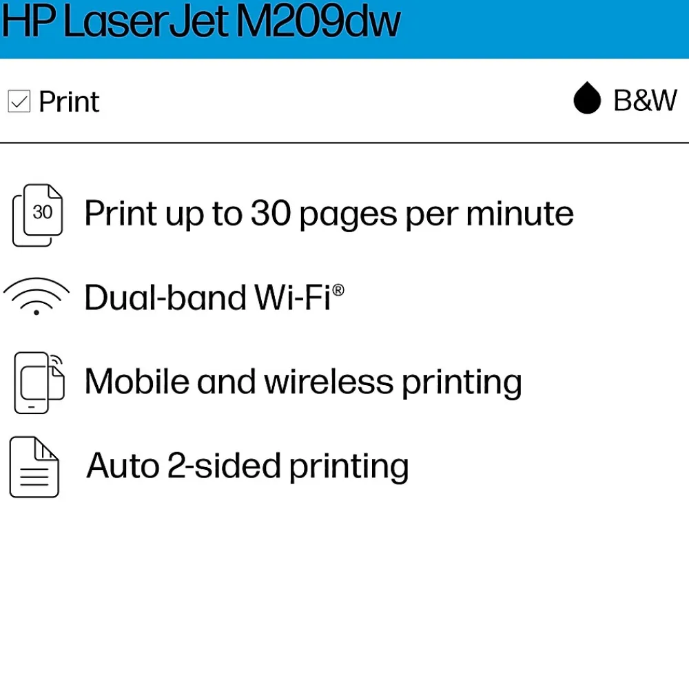HP LaserJet M209dw Wireless Black & White Laser Printer, Single-Function, Print, Best for Home Office (6GW62F)