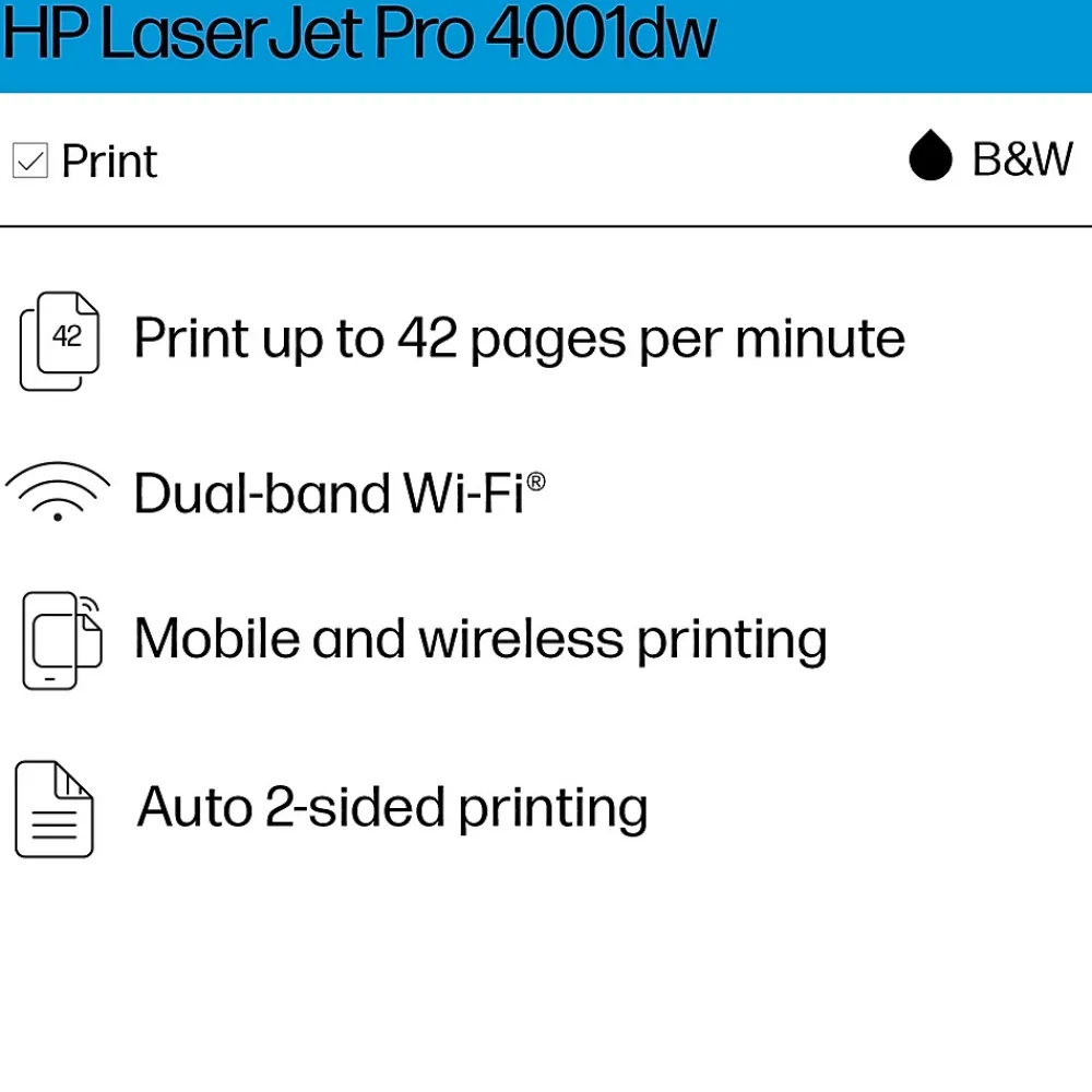 HP LaserJet Pro 4001dw Wireless Black & White Laser Printer, Single-Function, Print, Best for Office (2Z601F)