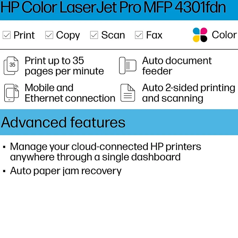 HP LaserJet Pro LJP 4301fdn Color Laser Printer, All-In-One, Print, Scan, Copy, Fax (4RA81F)
