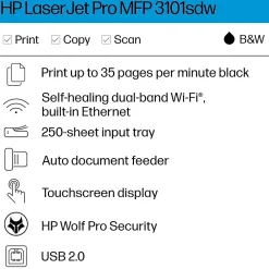 HP LaserJet Pro MFP 3101sdw Wireless Black & White All-in-One Laser Printer, Scanner, Copier, Best for Office (9D2X4F)
