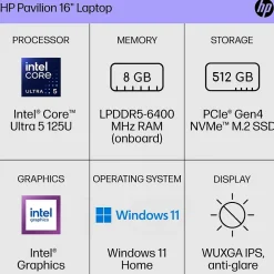 Hot HP Pavilion 16" FHD AI Laptop, Intel Core Ultra 5-125U, 8GB RAM, 512GB SSD, Backlit Keyboard, Windows 11 Home