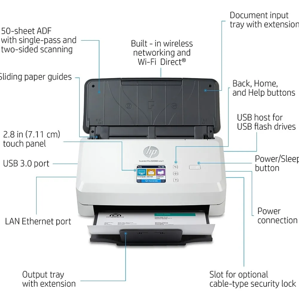 HP Scanjet Pro N4000 Snw1 Duplex Desktop Document Scanner, White (6FW08A#BGJ)