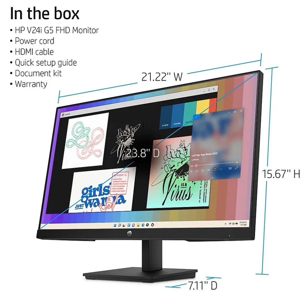 Online HP V24i G5 24" LCD Monitor, Black (65P58AA#ABA)