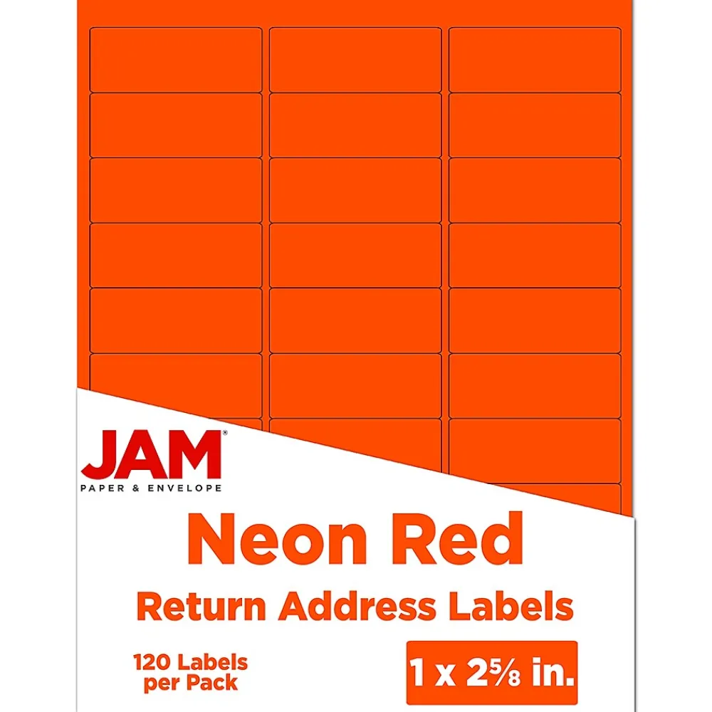 Clearance JAM Paper Laser/Inkjet Address Labels, 1" x 2 5/8", , 30 Labels/Sheet, 4 Sheets/Pack (354328230) Neon Red