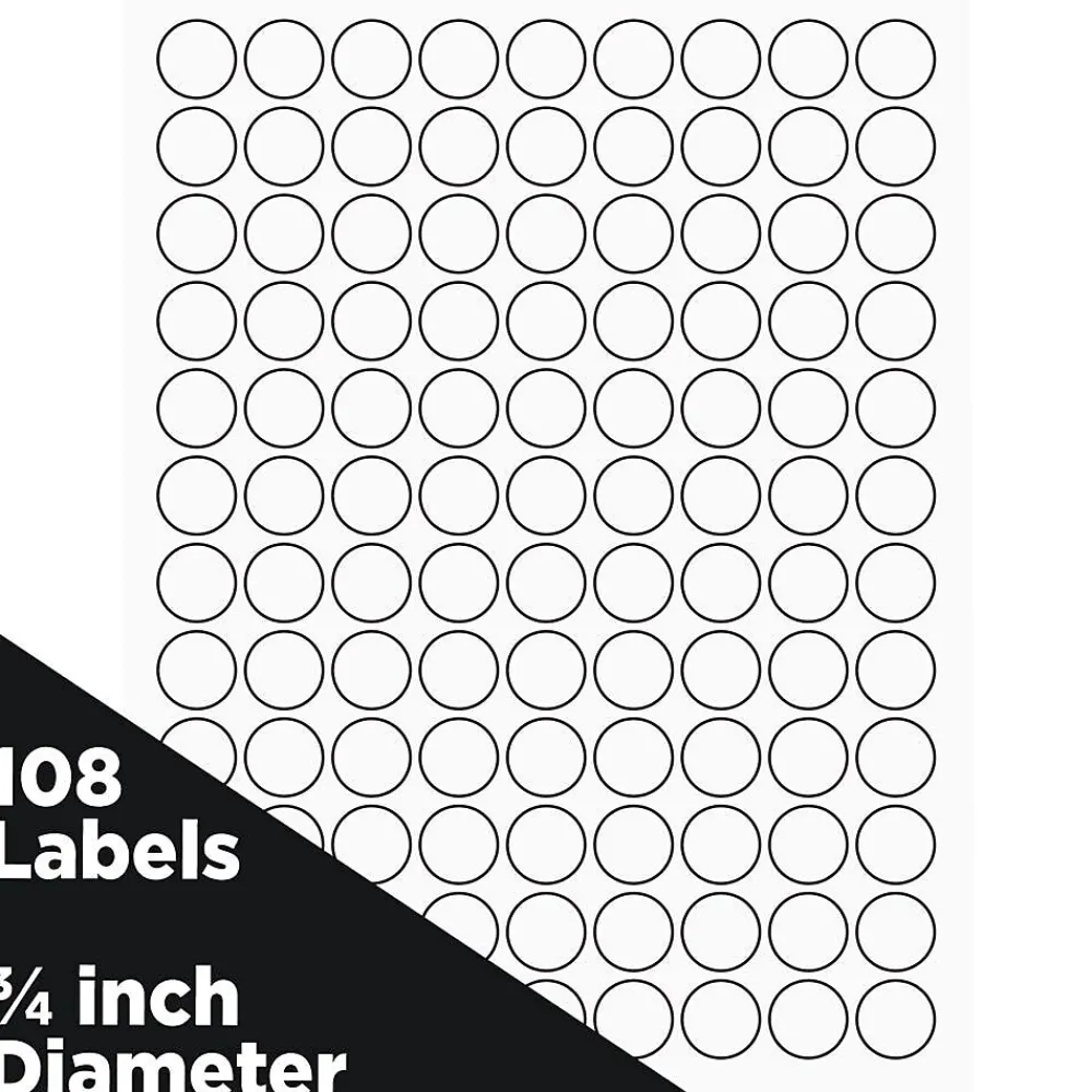 Labels|JAM Paper Laser/Inkjet Round Multipurpose Labels, 0.75" Dia, White, 108/Pack (3147612190)