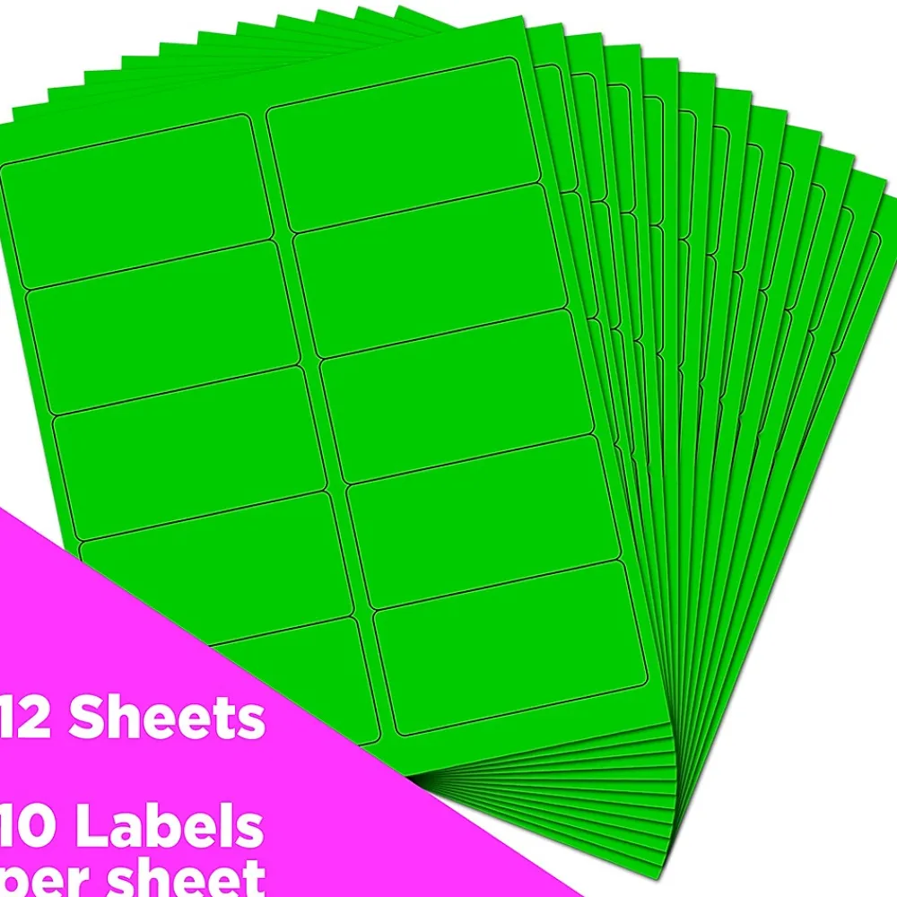 New JAM Paper Laser/Inkjet Shipping Labels, 2" x 4", , 10 Labels/Sheet, 12 Sheets/Pack (354328017) Neon Green