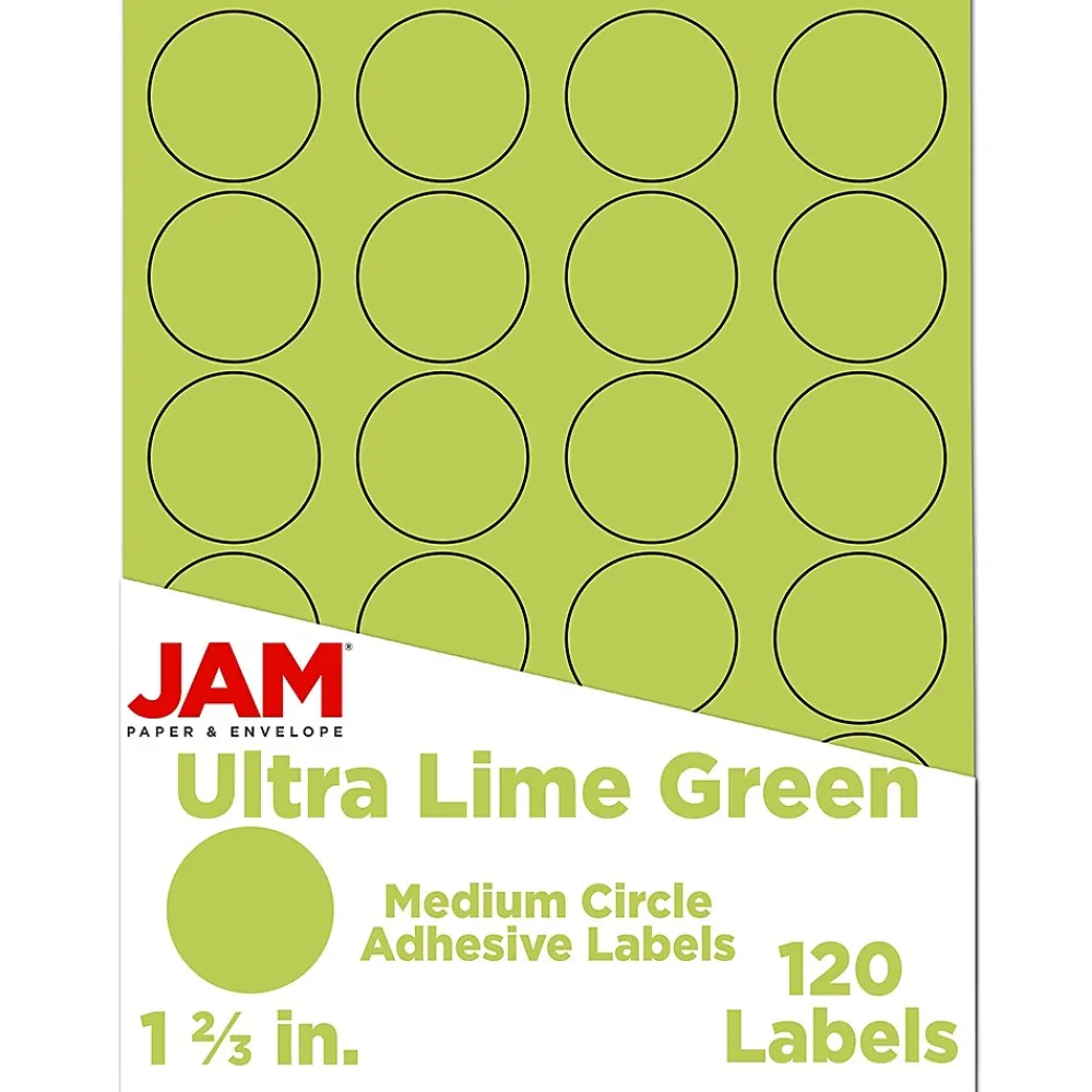 JAM Paper Round Label Seals, 1 2/3" Diameter, , 24 Labels/Sheet, 5 Sheets/Pack (147627049) Ultra Lime Green