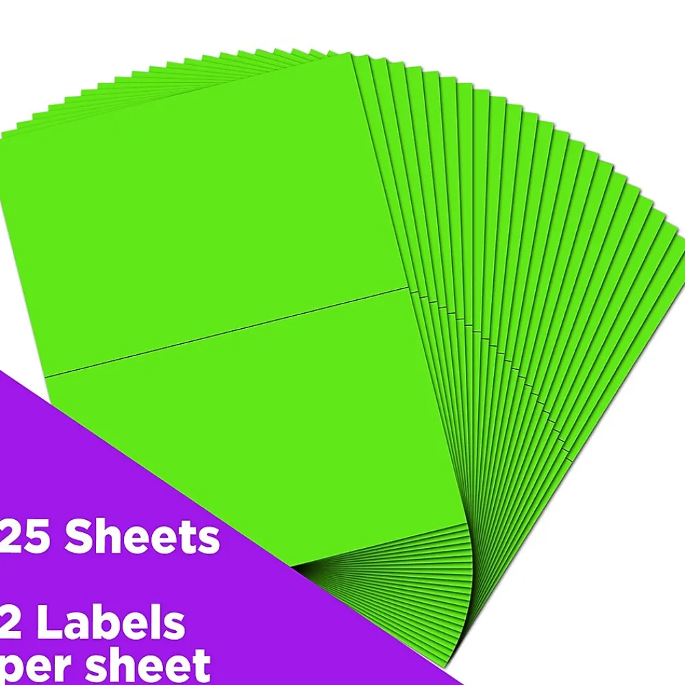 New JAM Paper Shipping Labels, Half Page, 5 1/2" x 8 1/2", , 2 Labels/Sheet, 25 Sheets/Pack (359429626) Neon Green