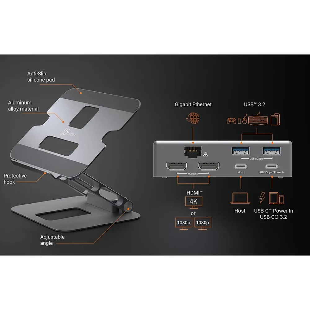 11.4" x 8.9" Aluminum Multi-Angle Dual-HDMI Docking Stand, Space Gray/Silver (JTS427)<j5create Outlet