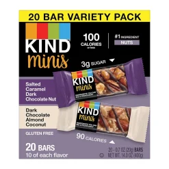 KIND Minis Bars, Salted Caramel Dark Chocolate Nut/Dark Chocolate Almond Coconut, 0.7 Oz., 20/Pack (27970)