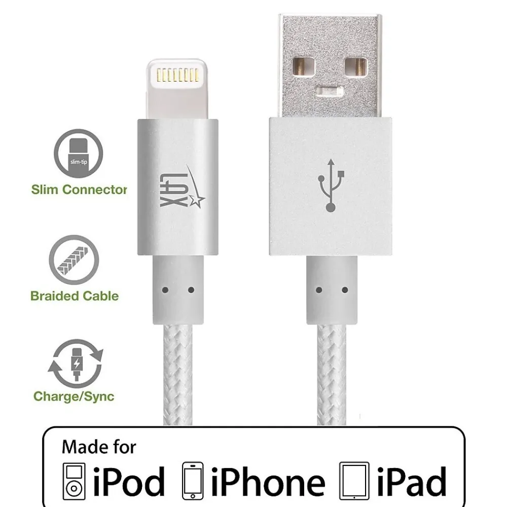 LAX Apple MFi Certified Lightning to USB Cable for Charge Sync 10ft - Silver<LAX Gadgets