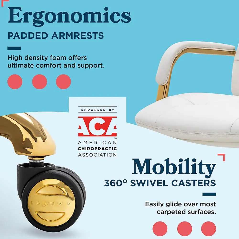 Office Chairs*La-Z-Boy Sonata Ergonomic Bonded Leather Swivel Executive Chair, White and Gold (CCHR10014A)