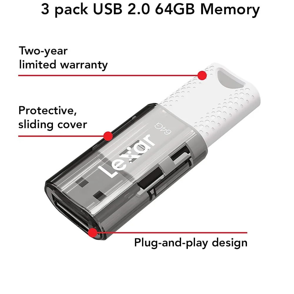 Lexar JumpDrive S60 64GB USB 2.0 Type A Flash Drive, Grey/White, 3/Pack (LJDS60-64GB3NNU)