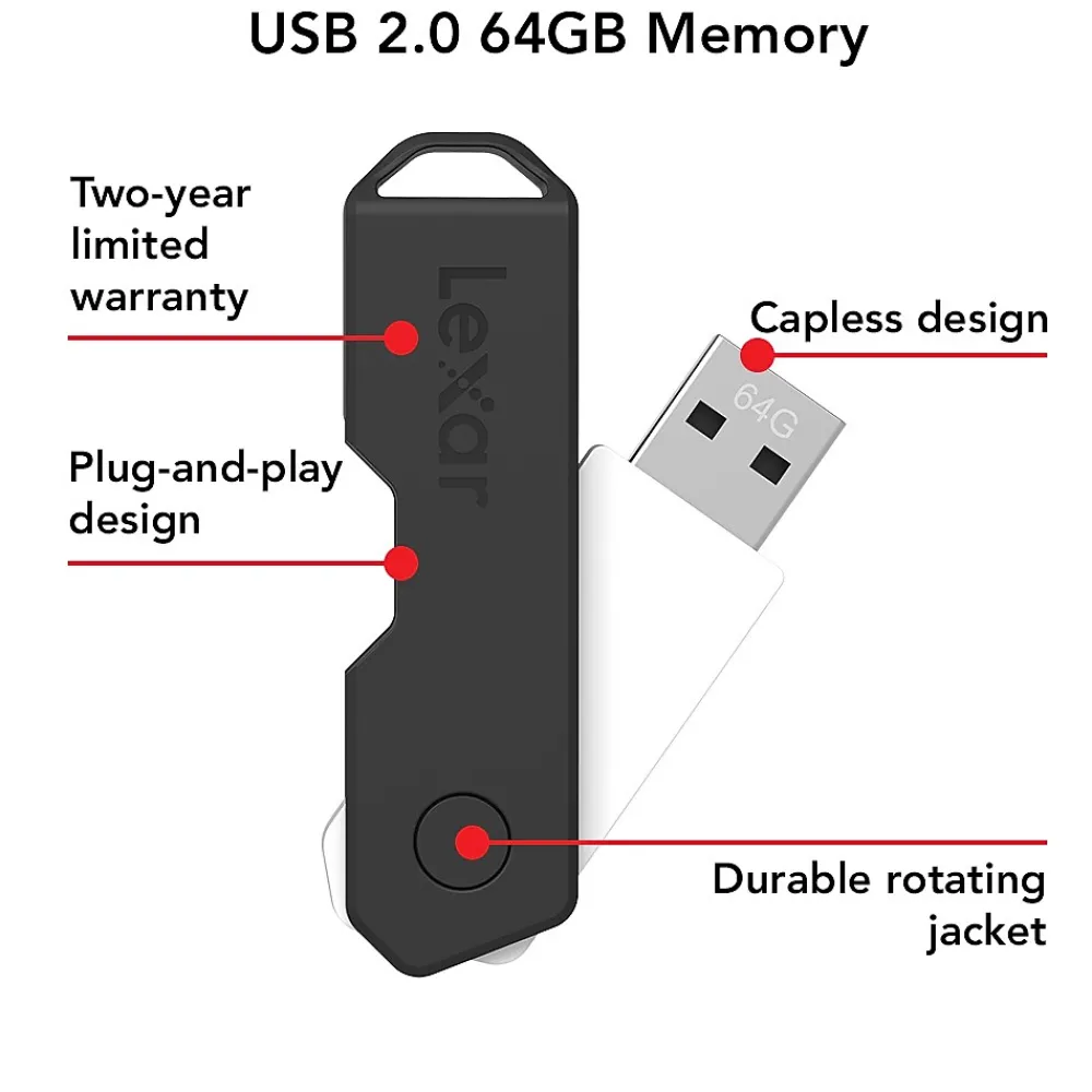 Online Lexar Twist Turn2 64GB USB 2.0 Type-A Flash Drive, Black (JDTT2-64GABNABK)