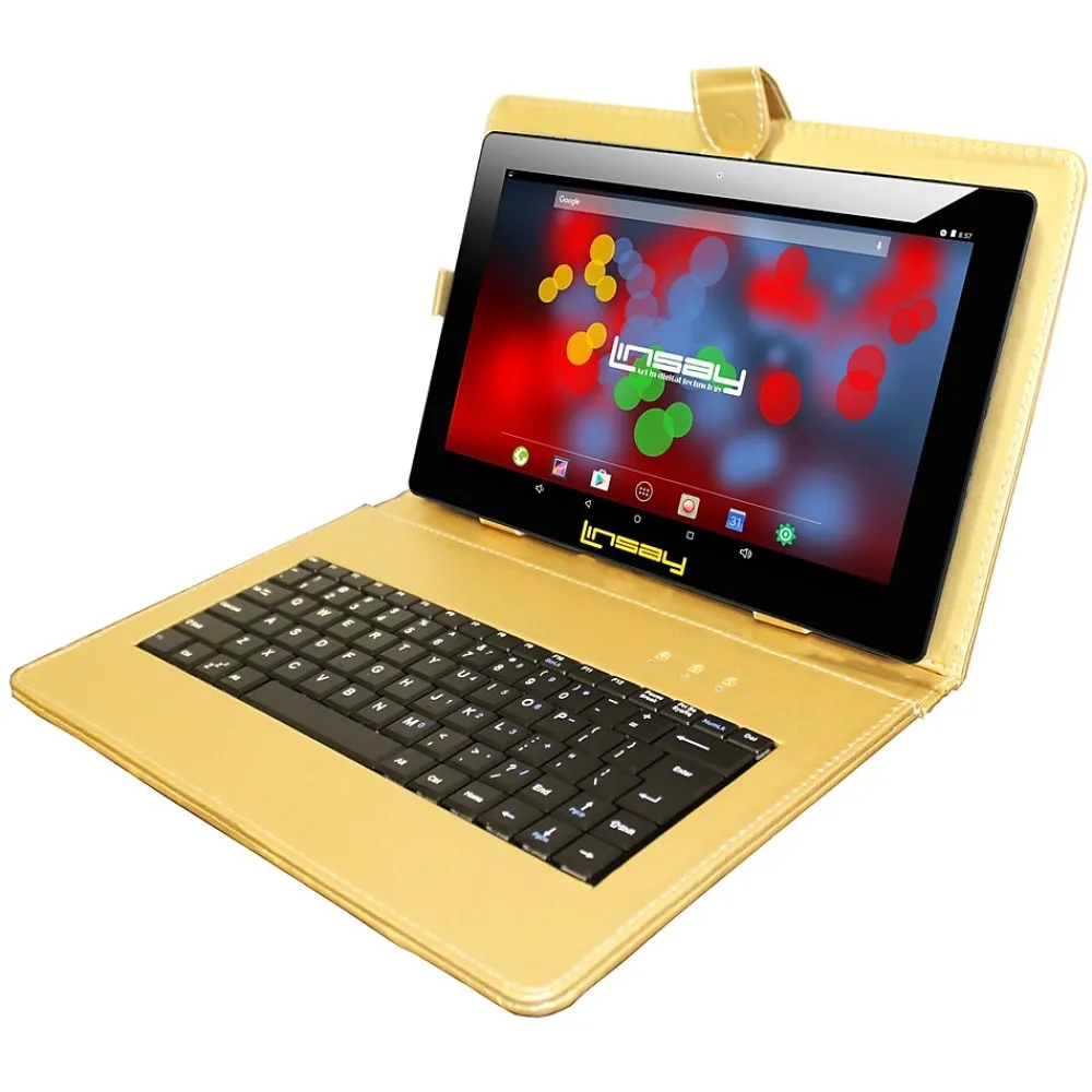 F10 Series 10.1" Tablet, WiFi, 2GB RAM, 64GB Storage, Android 13, Black w/Golden Keyboard (F10XIPSBDG)<Linsay
