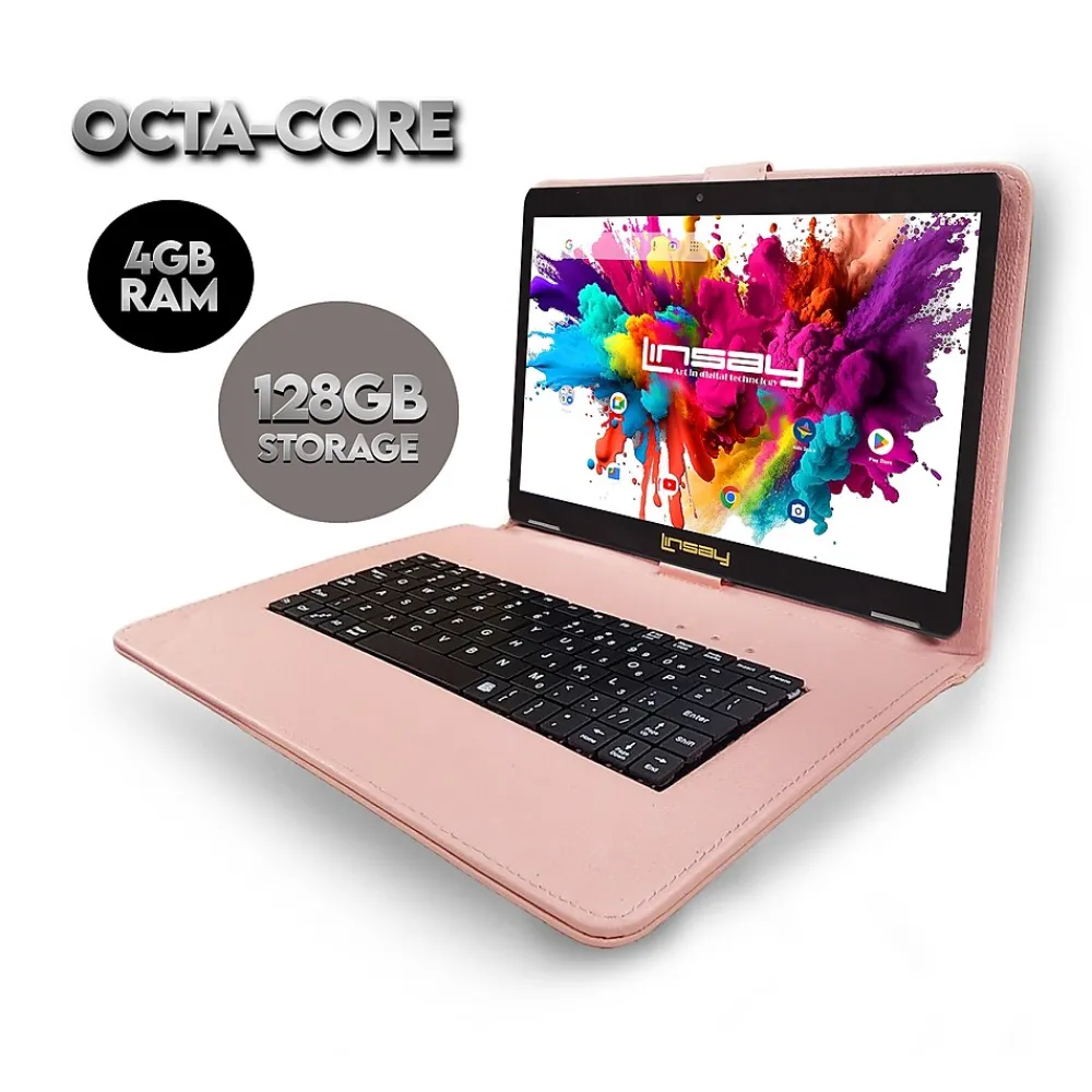 Octa Core 10.1" Tablet, 4GB RAM, 128GB Storage, Android 13, Bundled with Pink Style Keyboard and Stylus Pen<Linsay Online
