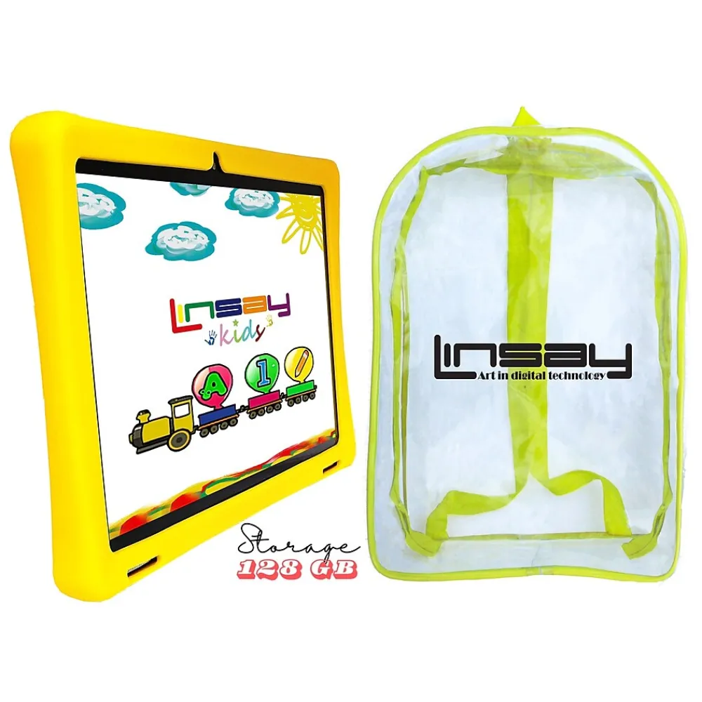 Octa Core 10.1" Tablet, 4GB RAM, 128GB Storage, Android 13, Bundled with Yellow Kids Defender Case, Backpack, Stylus Pen<Linsay Best