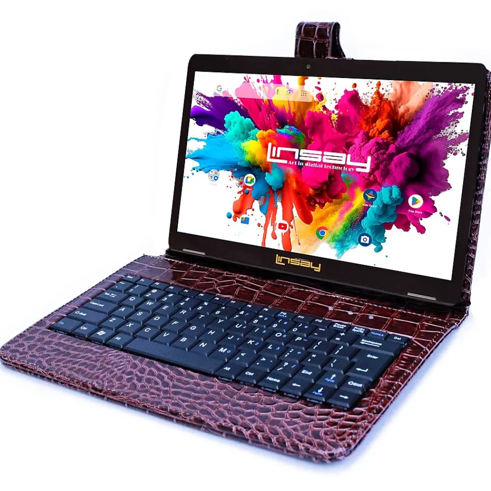 Octa Core 10.1" Tablet, 4GB RAM, 128GB Storage, Android 13, Bundled with Brown Crocodile Keyboard and Stylus Pen<Linsay Discount