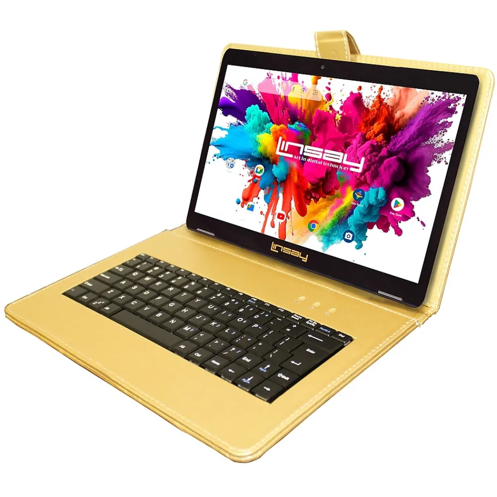 Octa Core 10.1" Tablet, 4GB RAM, 128GB Storage, Android 13, Bundled with Golden Keyboard and Stylus Pen<Linsay Discount