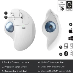 Hot Logitech M575 Ergonomic Wireless Trackball USB Mouse, (910-005868) Off-White