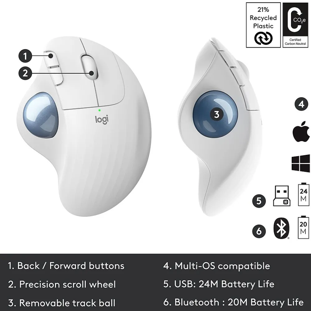 Hot Logitech M575 Ergonomic Wireless Trackball USB Mouse, (910-005868) Off-White