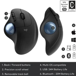 Hot Logitech M575 Wireless Ergonomic Trackball Bluetooth & USB Mouse, (910-005869) Black