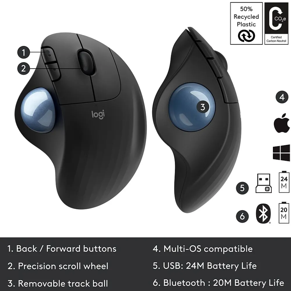 Hot Logitech M575 Wireless Ergonomic Trackball Bluetooth & USB Mouse, (910-005869) Black