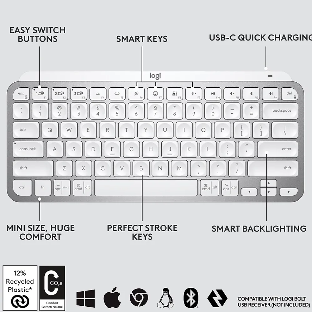 Hot Logitech MX Keys Mini Wireless Ergonomic Keyboard, Pale Gray (920-010473)