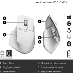 Discount Logitech MX Master 3S Wireless Ergonomic Optical Bluetooth & USB Mouse, Pale Gray (910-006558)