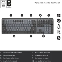 New Logitech MX Mechanical Clicky Wireless Ergonomic Keyboard, Graphite (920-010549)