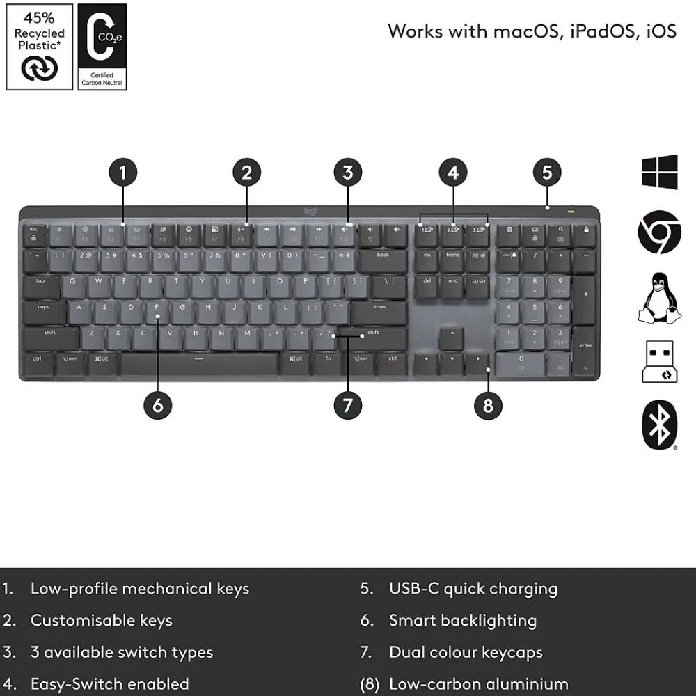 New Logitech MX Mechanical Clicky Wireless Ergonomic Keyboard, Graphite (920-010549)