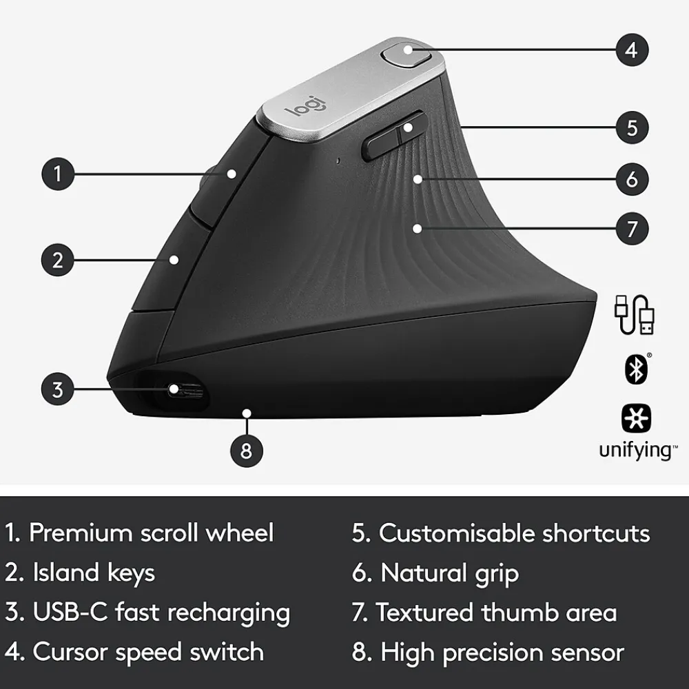 Online Logitech MX Vertical Wireless Ergonomic Vertical Ambidextrous Optical 2.4 GHz Mouse, Graphite (910-005447)