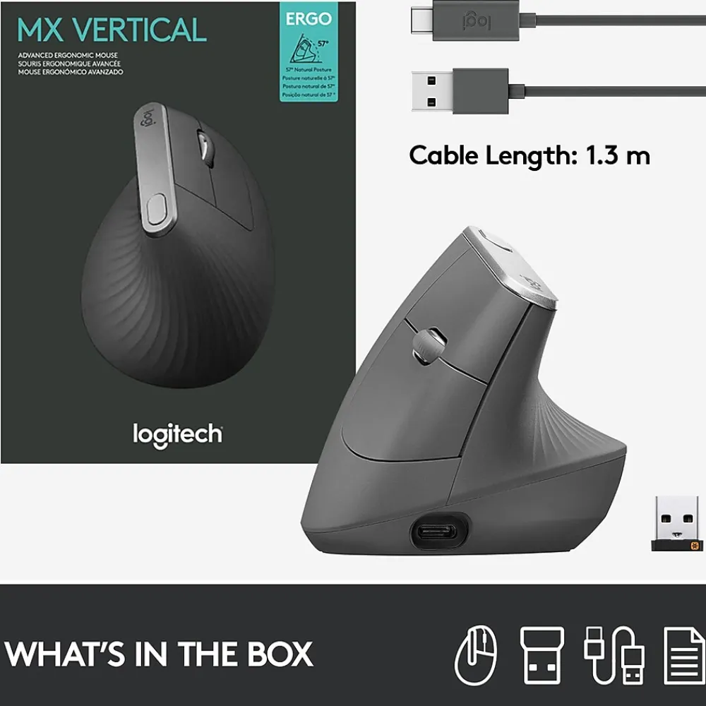Online Logitech MX Vertical Wireless Ergonomic Vertical Ambidextrous Optical 2.4 GHz Mouse, Graphite (910-005447)
