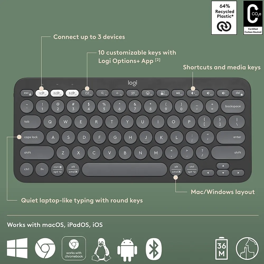 Clearance Logitech Pebble Keys 2 K380S Wireless Ergonomic Keyboard, Black (920-011775)