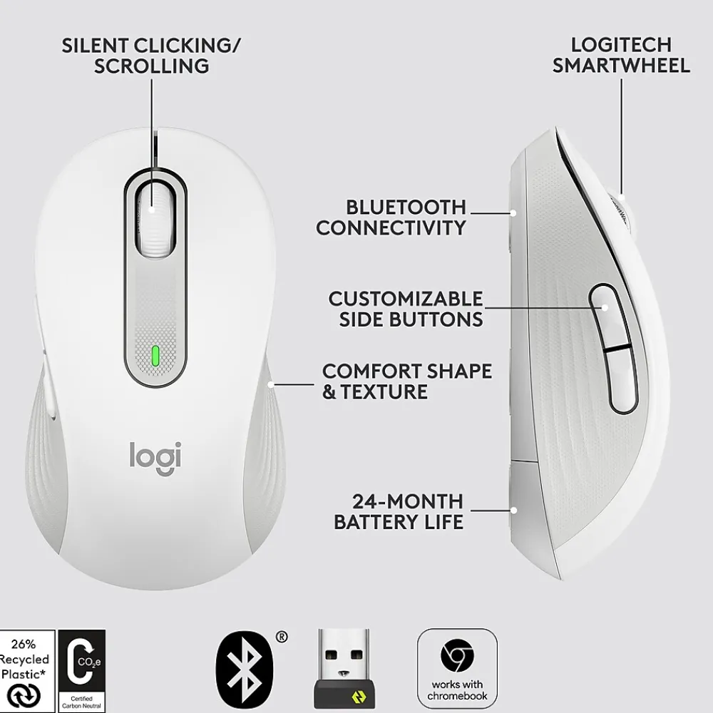 Clearance Logitech Signature M650 Wireless Optical USB Mouse, (910-006252) Off-White