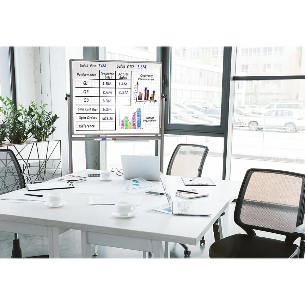 Dry Erase*Luxor Dry-Erase Mobile Combination Ghost Grid/Whiteboard, Aluminum Frame, 36" x 48" (MB4836LB)