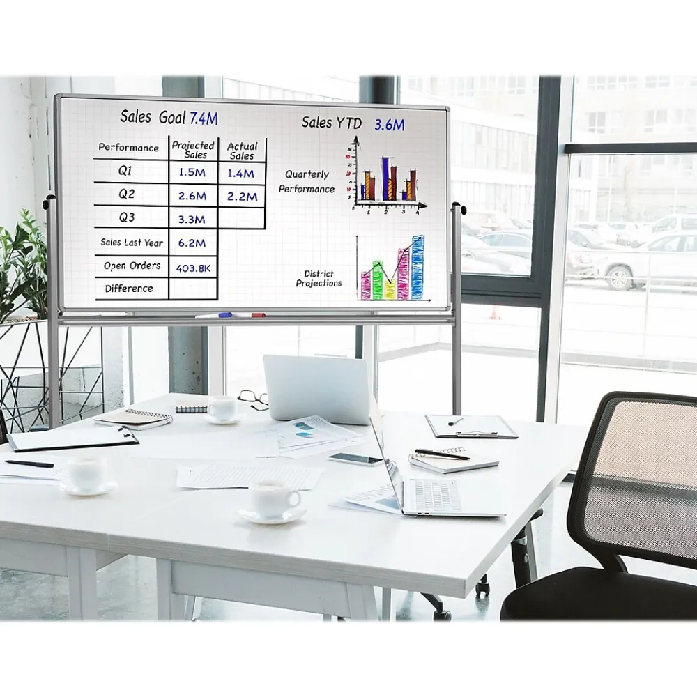 Dry Erase*Luxor Dry-Erase Mobile Combination Ghost Grid/Whiteboard, Aluminum Frame, 40" x 72" (MB7240LB)